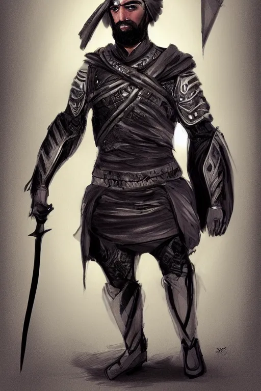 Image similar to !dream Bedouin arab superhero, black vest, intimidating full body armor, Arabian sword, beard, nighttime, cinematic lighting first person view concept art