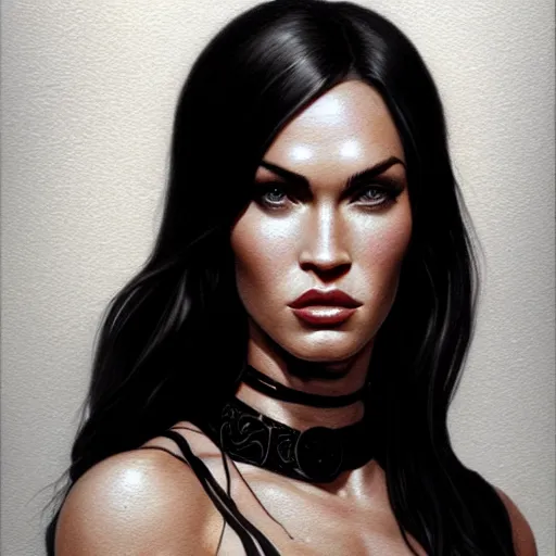 Image similar to portrait of megan fox, muscular upper body, choker, greek, jewelry, black dress, fantasy, intricate, elegant, highly detailed, digital painting, artstation, concept art, matte, sharp focus, illustration, art by aenaluck and roberto ferri and greg rutkowski, epic fantasy, digital painting