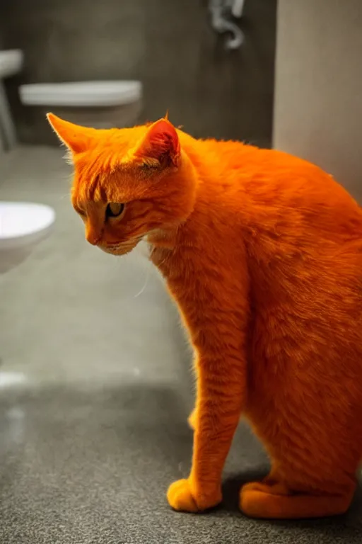Prompt: An orange cat standing on its hind legs to pee in a urinal