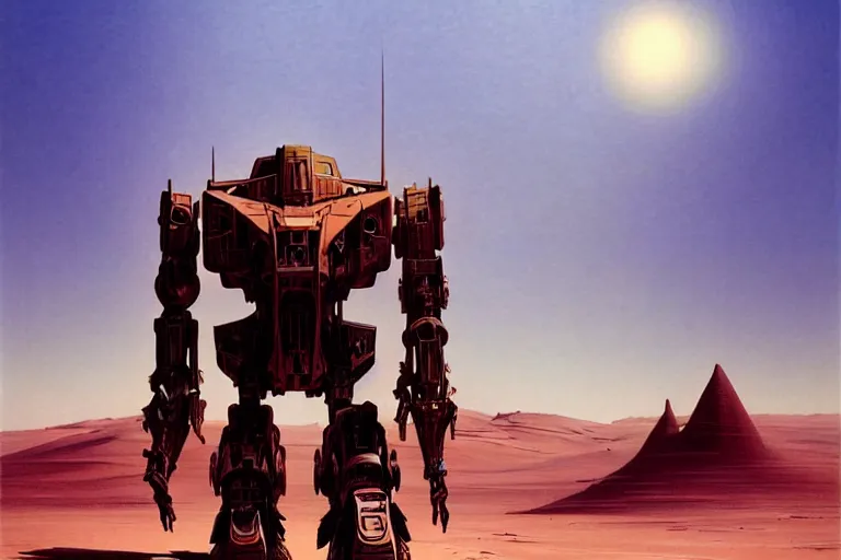 Prompt: gigantic mecha walking through the desert, intricate, elegant, dramatic lighting, highly detailed, artstation, concept art, smooth, sharp focus, illustration, art by syd mead and beksinski and john blanche and paul dainton