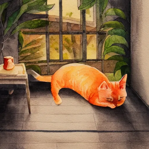 Image similar to A fat, cute orange cat in a beautiful room, cozy, watercolor on paper by CARY KWOK, details, lights, beautiful, 4K, 8K