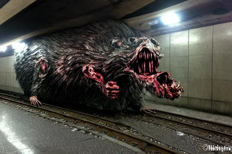 Image similar to very large giant mutant zombie irradiated ( angry rat ) staying on railways in tonnel of moscow subway. subway. giant angry rat, very realistic. extreme long shot, low dark light, anish kapoor, herman nitsch, giger.