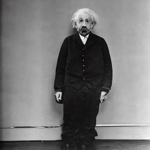 Image similar to Photograph of Albert Einstein having trouble choosing whether or not to wear white socks or black socks