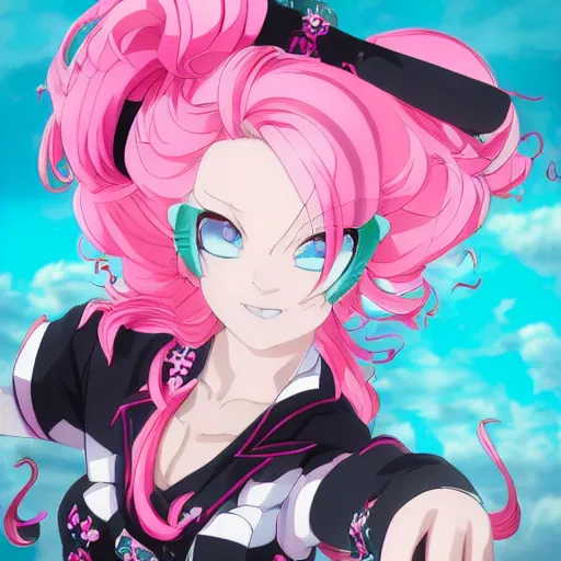 Prompt: stunningly beautiful omnipotent megalomaniacal anime goddess who looks like junko enoshima with porcelain skin, pink twintail hair and mesmerizing cyan eyes, symmetrical perfect face smiling in a twisted, mischievous, devious and haughty way while looking down upon the viewer, mid view, hyperdetailed, 2 d, 8 k