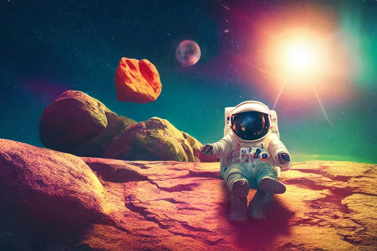 Image similar to Wide shot of a colorful astronaut sitting on a rock in space designed by Lisa Frank, lonely, glows, cinematic lighting, ambient light,