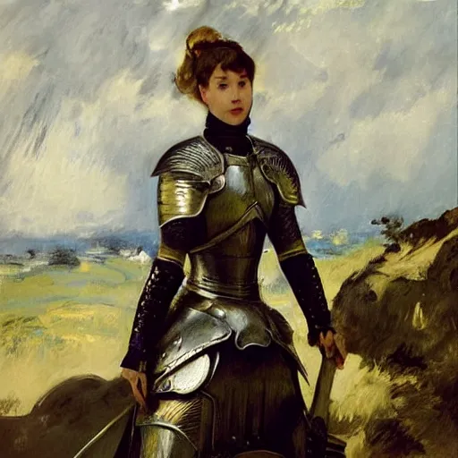 Prompt: a beautiful matte painting of a portrait of a female knight in fantasy armor, art by edouard manet, trending on artstation