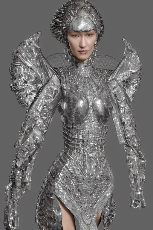 Image similar to a highly detailed 4 k render of a beautiful angel alien goddess bella hadid in iris van herpen dress armor schiaparelli in diamonds in style of alphonse mucha trending on artstation made in unreal engine 4