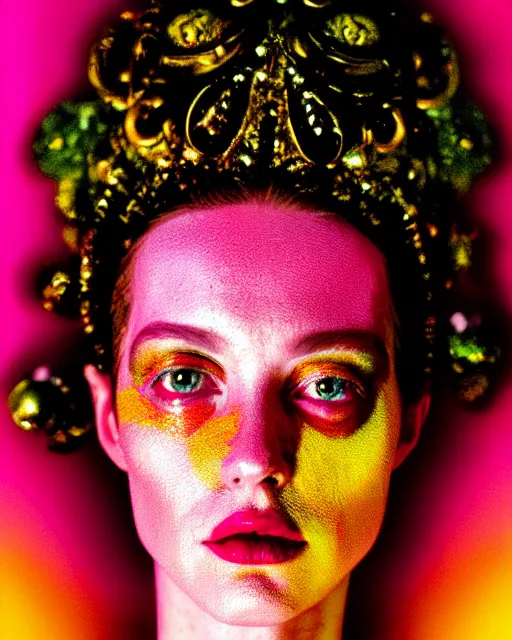 Image similar to hyperrealist highly intricate post-punk rococo portrait pink pearlescent exoskeleton beautiful goddess concept art pascal blanche key sage dramatic yellow lighting 8k high angle shallow depth of field