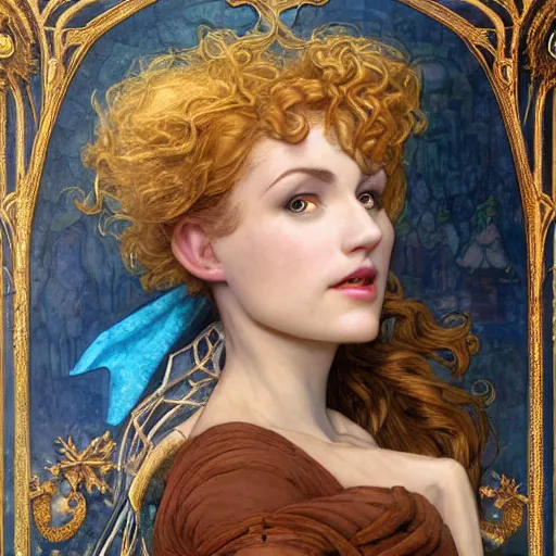 Image similar to Masterpiece head and shoulders portrait of Gwen from League of Legends of Arcane animated Series as with blue long and very curly pigteils and arcane maid outfit drawn by Donato Giancola and Tom Bagshaw, Edmund Leighton, Alphonse Mucha, background by James Jean and Gustav Klimt, 4k, porcelain skin, volumetric lighting, komorebi, french nouveau, trending on artstation, octane render, hyperrealistic