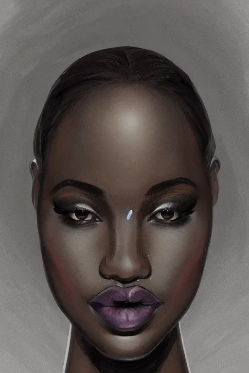 Image similar to A bust of a beautiful black skinned girl with large lips and smooth eyebrows and straight hair, HD, illustration, epic, fantasy, intricate, elegant, amazing detail, digital painting, artstation, concept art, smooth, sharp focus, illustration, art by Turine Tran