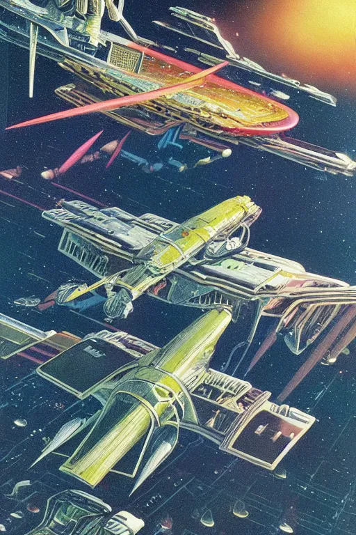 Prompt: elegant spaceship cruising between plants, fluid, smooth, bright, colours, high contrast, sharpness, very detailed, intricate, by angus mckie, colin hay, stewart cowley, john berkey