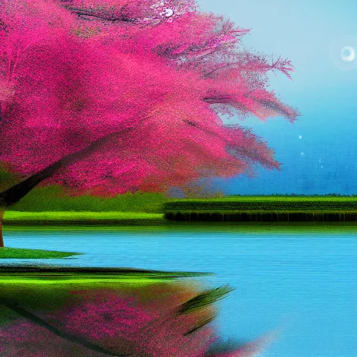 Prompt: Pink tree beside a large lake, landscape in the style of realism