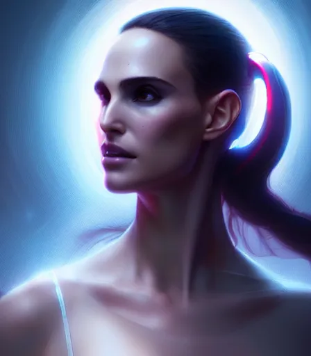 Image similar to beautiful portrait of a cyberpunk goddess who looks like Natalie Portman , character design by charlie bowater, ross tran, artgerm, and makoto shinkai, detailed, soft lighting, rendered in octane