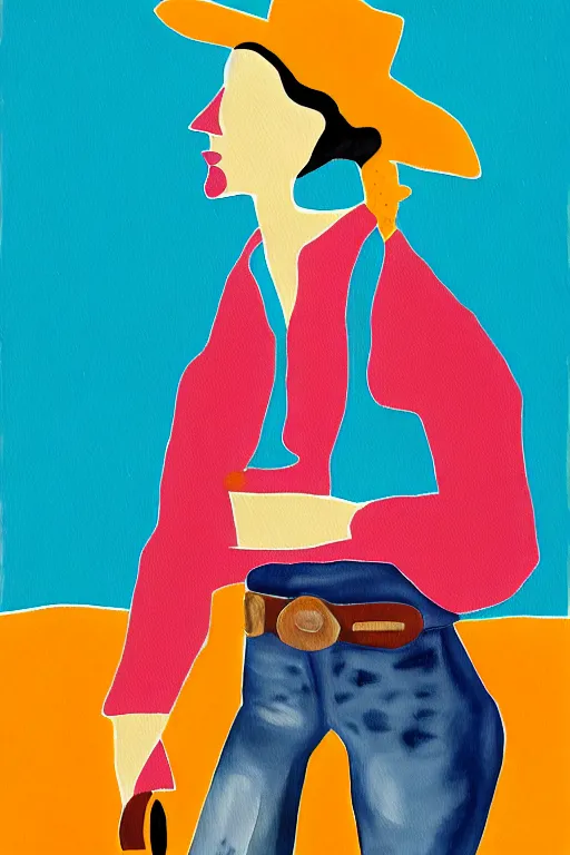 Prompt: a painting of a cowgirl wearing western clothing and cowboy boots, in the style of eileen agar, digital art