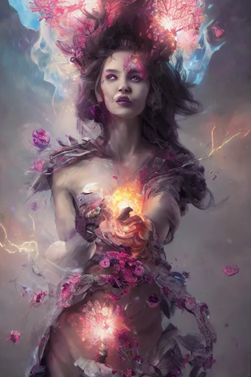 Image similar to beautiful girl necromancer, witch - doctor exploding into flowers fire crystal dress, angels, 3 d render, hyper - realistic detailed portrait, holding fire and electricity, ruan jia, wlop. scifi, fantasy, magic the gathering, hyper detailed, octane render, concept art by artgerm, peter mohrbacher
