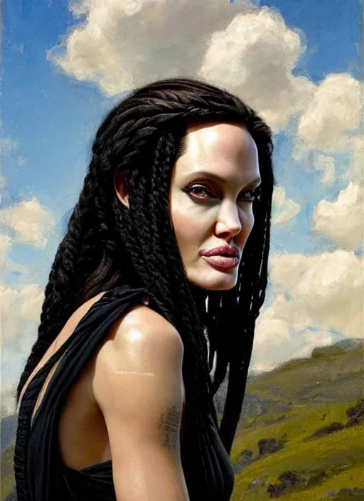 Prompt: angelina jolie appearance with black braided hair as a greek goddess, muscular upper body, countryside, calm, fantasy character portrait, dynamic pose, above view, sunny day, thunder clouds in the sky, artwork by jeremy lipkin and giuseppe dangelico pino very coherent asymmetrical artwork, sharp edges, perfect face, simple form, 1 0 0 mm