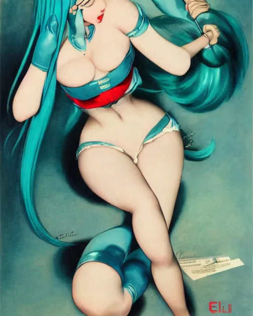 Image similar to hatsune Miku by Gil Elvgren and Enoch Bolle