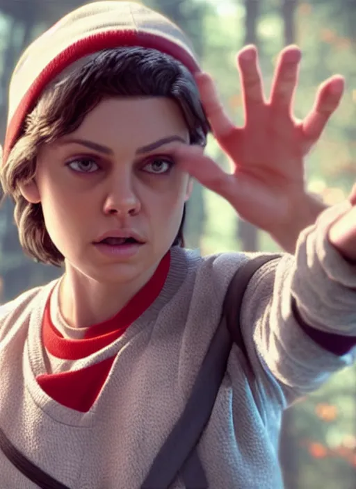 Image similar to Mila Kunis with a buzzcut cast as Eleven, still from Stranger Things, She uses the force with her palm extended outwards, hyperrealistic, 8k, Octane Render,