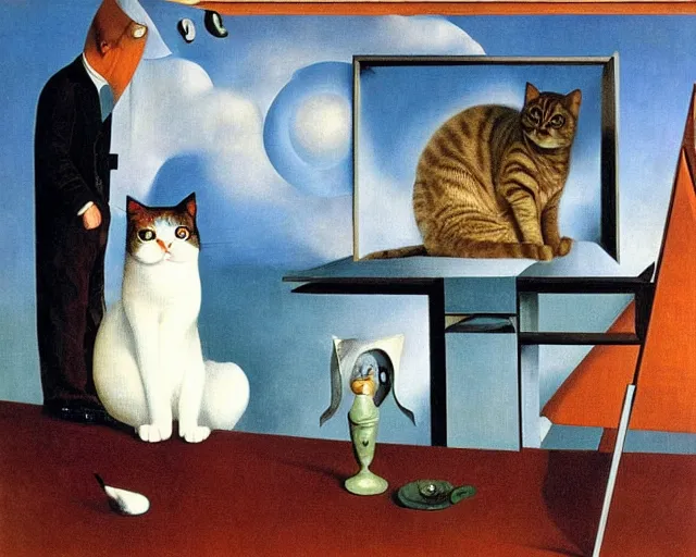 Prompt: a cat observer of attitude change by carrington, bosch, dali, barlowe, magritte