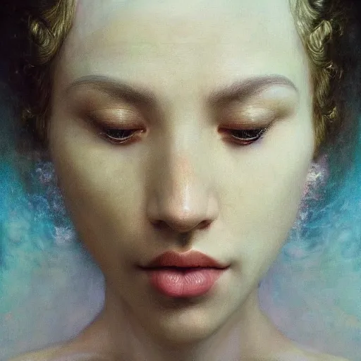 Prompt: face of the void blessing the lotus flower | highly detailed oil painting, hyperrealistic, very intrincate | cinematic lighting, award - winning | by roberto ferri, gustav klimt, william waterhouse and tom bagshaw | by austin osman spare and william blake, trending on artstation, cgsociety, official art, octane.