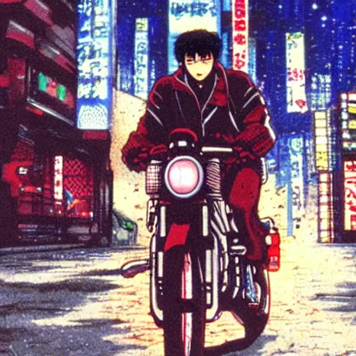 Image similar to kaneda on his bike in neo tokyo looking for akira, night, neon lights, speed, art by katsuhiro otomo