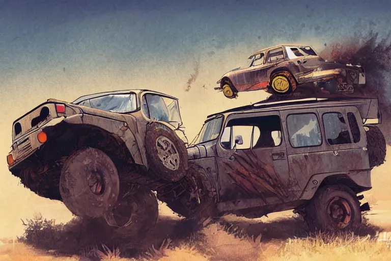 Image similar to digital illustration of mad max's fj 4 0 decrepit pursuit special, rusty nissan fj cruiser 1 9 8 0 s, the last v 8 interceptor by makoto shinkai, ilya kuvshinov, lois van baarle, rossdraws, basquiat