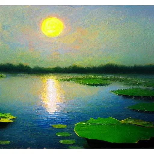Image similar to A detailed, impressionist oil painting of moon shining over a lotus lake