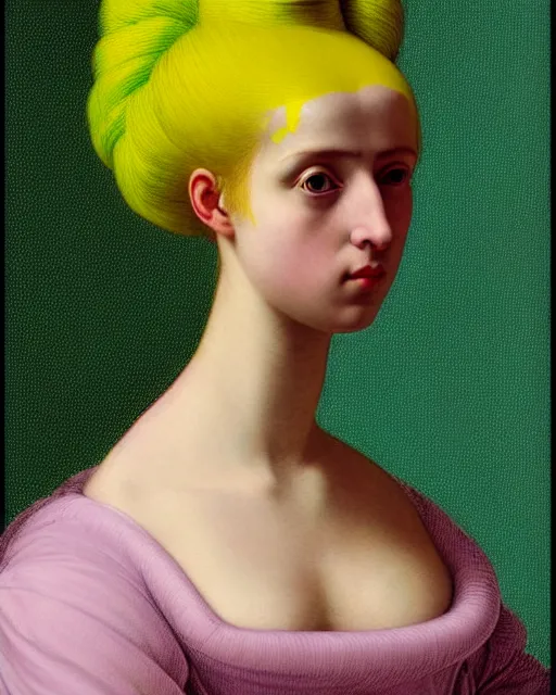 Image similar to photo-realistic portrait of a young pale woman with lilac hair buns, wearing a neon yellow dress by Vivienne Westwood, intricate details, cyberpunk, super-flat, in the style of Jean Auguste Dominique Ingres, black background