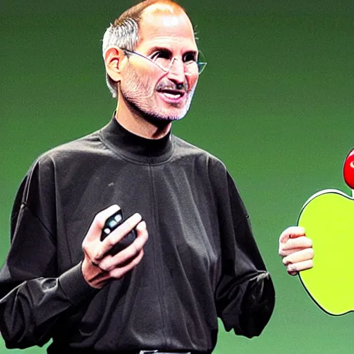 Prompt: steve jobs presenting apple's new product, a watermelon with a propeller on it