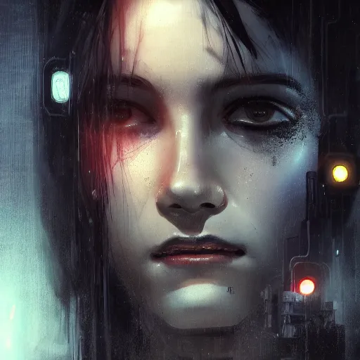 Image similar to molly millions, closeup portrait of a young beautiful cyberpunk woman, white eyes, black hair in a rough shag, sunset, neuromancer, street samurai, cyberpunk city background, megacity, gorgeous view, depth, painted by seb mckinnon, high detail, digital art, painted by greg rutkowski, trending on artstation