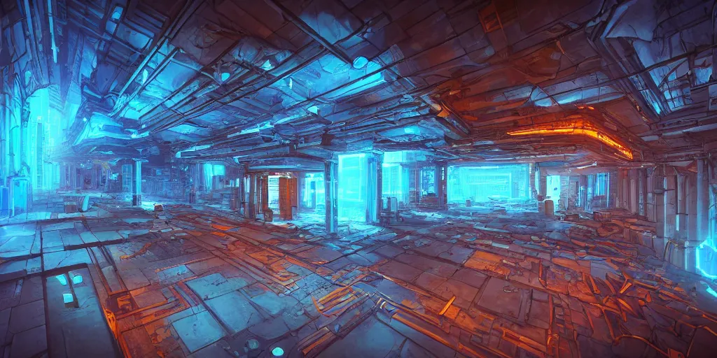 Prompt: cyberpunk dungeon, ancient caves, blue and orange neon lines along the wall,, large cubic blocks line the floor, bluestone walls, trending on artstation