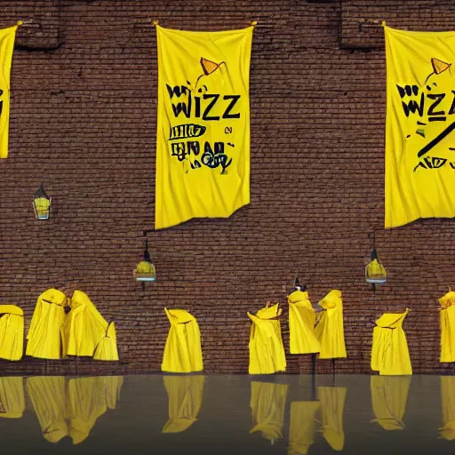 Image similar to cat wizards dressed in yellow raincoats. A banner that reads 'Wiz Biz only, Fools' adorns the back wall. Hypermaximalistic, hyper detailed 4k resolution photo realistic