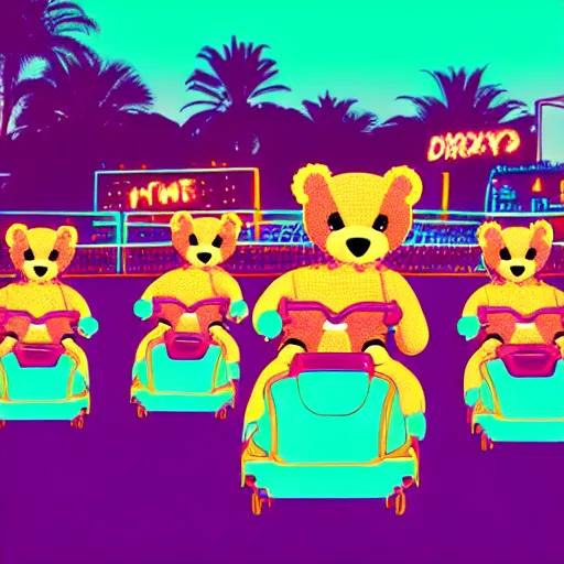 Image similar to teddy bears riding bumper cars in a theme park, synthwave, digital art