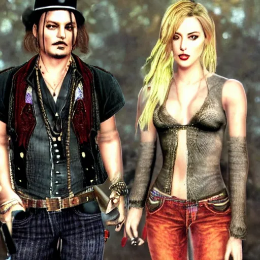 Image similar to johnny depp, amber heard, playstation 2 graphics, ps 2, video game, gameplay,