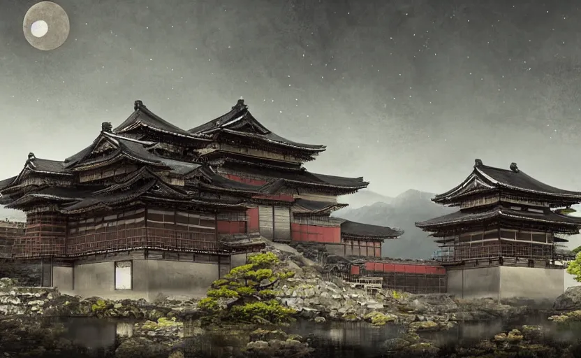 Prompt: highly detailed painting of old, ruined, japanese palace from sengoku period, surrounded by dense rock formations, high in mountains, night with bright moon light, environment concept art, photobash, unreal engine render, nanite