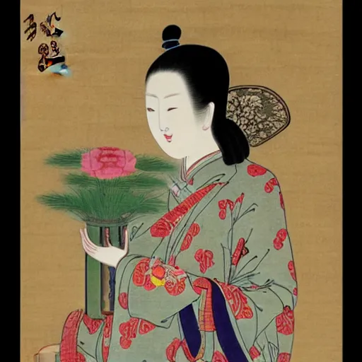 Image similar to - 1 a beautiful woman in the song dynasty holding a vase, standing, highly detailed, chinese ink painting, smooth, sharp focus uhd 8 k