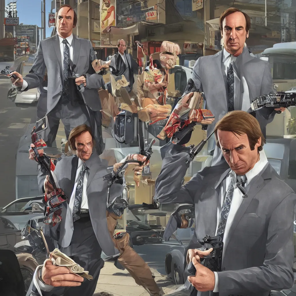 Image similar to Saul Goodman in GTA V, cover art by Stephen Bliss