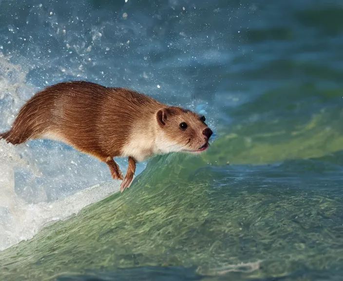 Image similar to 4 k hd, high detail photograph of weasel surfing a wave, shot with sigma f / 4. 2, 2 5 0 mm sharp lens, wide shot, consistent, volumetric lighting, high level texture render