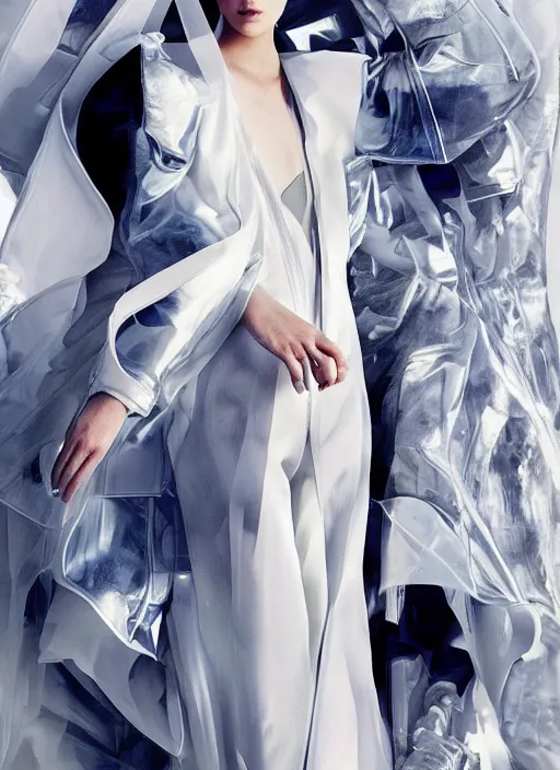 Image similar to a portrait by nick knight of a beautiful girl detailed features wearing a pilot suit wedding dress synthetic materials, jumpsuits chic'techno fashion trend by balenciaga and makoto shinkai