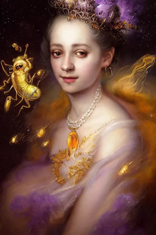 Prompt: breathtaking detailed soft painting of the night queen of mozart with a golden headpiece, amethyst crown, gauze dress draped of fireflies and constellations and nebulae in the background, rembrandt style, elegant, highly detailed, artstation, concept art, matte, sharp focus, art by tom bagshaw, seb mckinnon and greg rutkowski