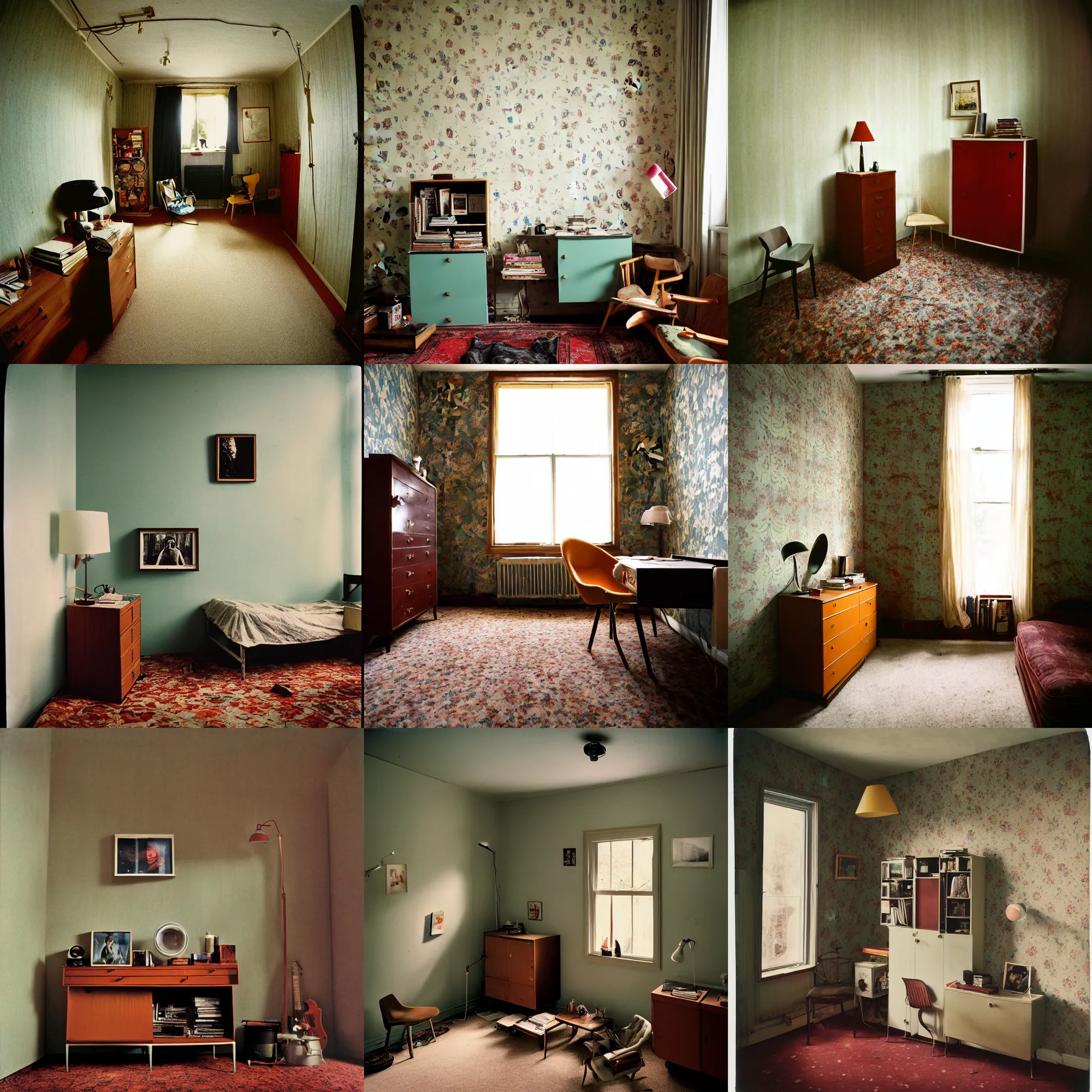 Prompt: kodak portra 4 0 0, wetplate, 8 mm extreme fisheye, award - winning portrait by britt marling of a 1 9 6 0 s room, picture frames, shining lamps, dust, 1 9 6 0 s metal bauhaus furniture, wallpaper, carpet, books, muted colours,