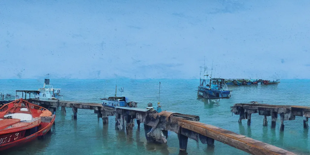 Image similar to pulau indah jetty, boat in foreground, near a fishing town, early morning, detailed matte painting, low angle view, telephoto lens, bokeh, studio ghibli, artstation