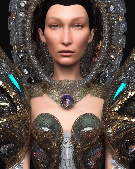 Image similar to a highly detailed metahuman 8 k close up render of bella hadid renaissance in iris van herpen dress schiaparelli in diamonds crystals swarovski and jewelry iridescent in style of alphonse mucha gustav klimt trending on artstation made in unreal engine 4