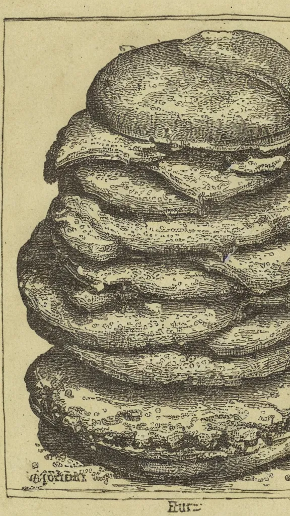 Image similar to esoteric etching print of a mcdonald's burger and fries, amphitheatrum sapientiae aeternae, 1 5 9 5