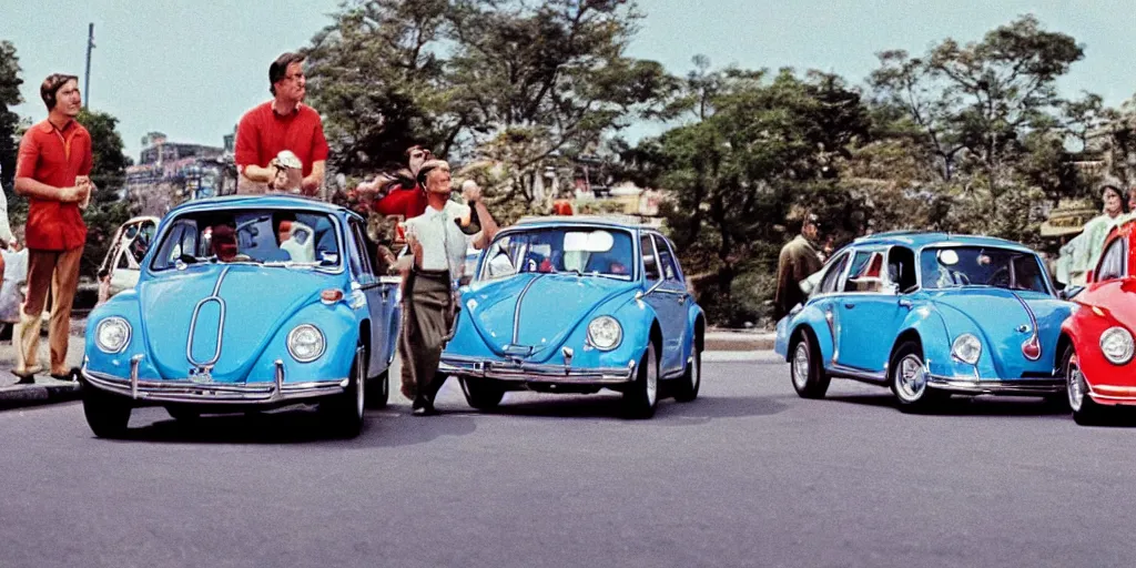 Image similar to promotion movie still of the car in'herbie'film ( 1 9 6 8 ). cinematic, 4 k, imax, 7 0 mm