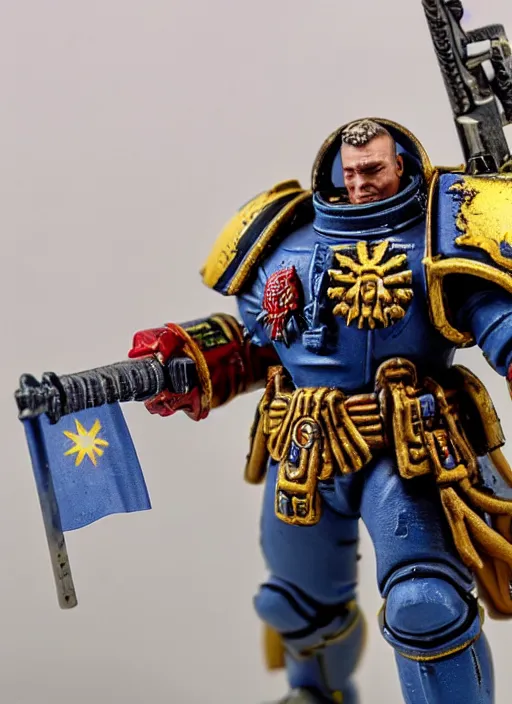 Image similar to 8 0 mm resin detailed miniature of warhammer 4 0 k space marine waving a norwegian flag, product introduction photos, 4 k, full body,