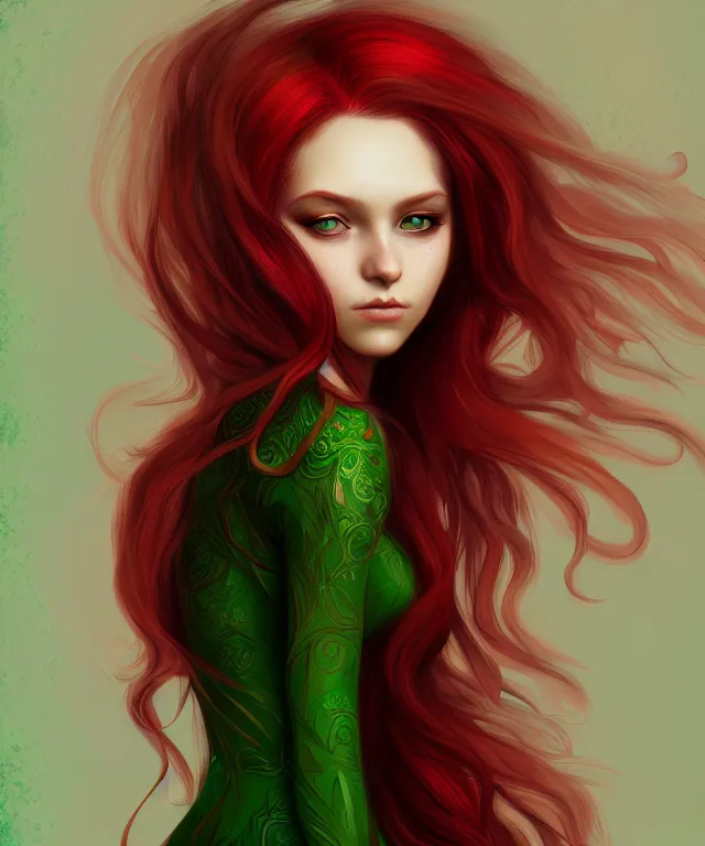 Image similar to Fae teenage girl, portrait, face, long red hair, green highlights, fantasy, intricate, elegant, highly detailed, digital painting, artstation, concept art, smooth, sharp focus, illustration