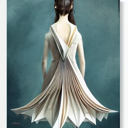 Prompt: 3 / 4 view of a beautiful girl wearing an origami dress, elegant, by esao andrews, by eiko ishioka, givenchy, by peter mohrbacher, centered, floral ornamentic, detailed beautiful face, high depth of field, origami, detailed fashion illustration, vogue, japanese, reallusion character creator