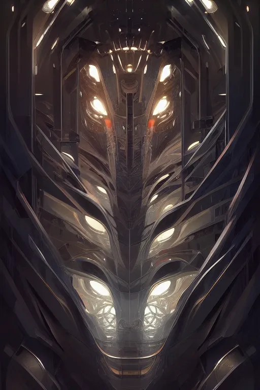 Image similar to professional concept art symmetrical portrait of a horrendous robotic fractal predatory species in a dark room by artgerm and greg rutkowski. an intricate, elegant, highly detailed digital painting, cubism, concept art, smooth, sharp focus, illustration, in the style of cam sykes.