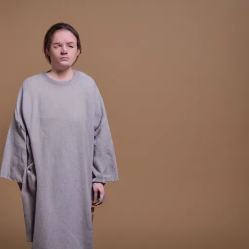 Prompt: a studio photography of a sad woman wearing sustainable clothing made from the combination of bacteria, yeast, sugar, and tea, n - 5 h - 8 0 0